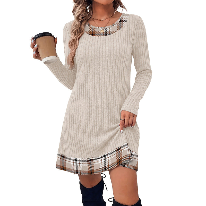 Plaid-Trim Ribbed Dress