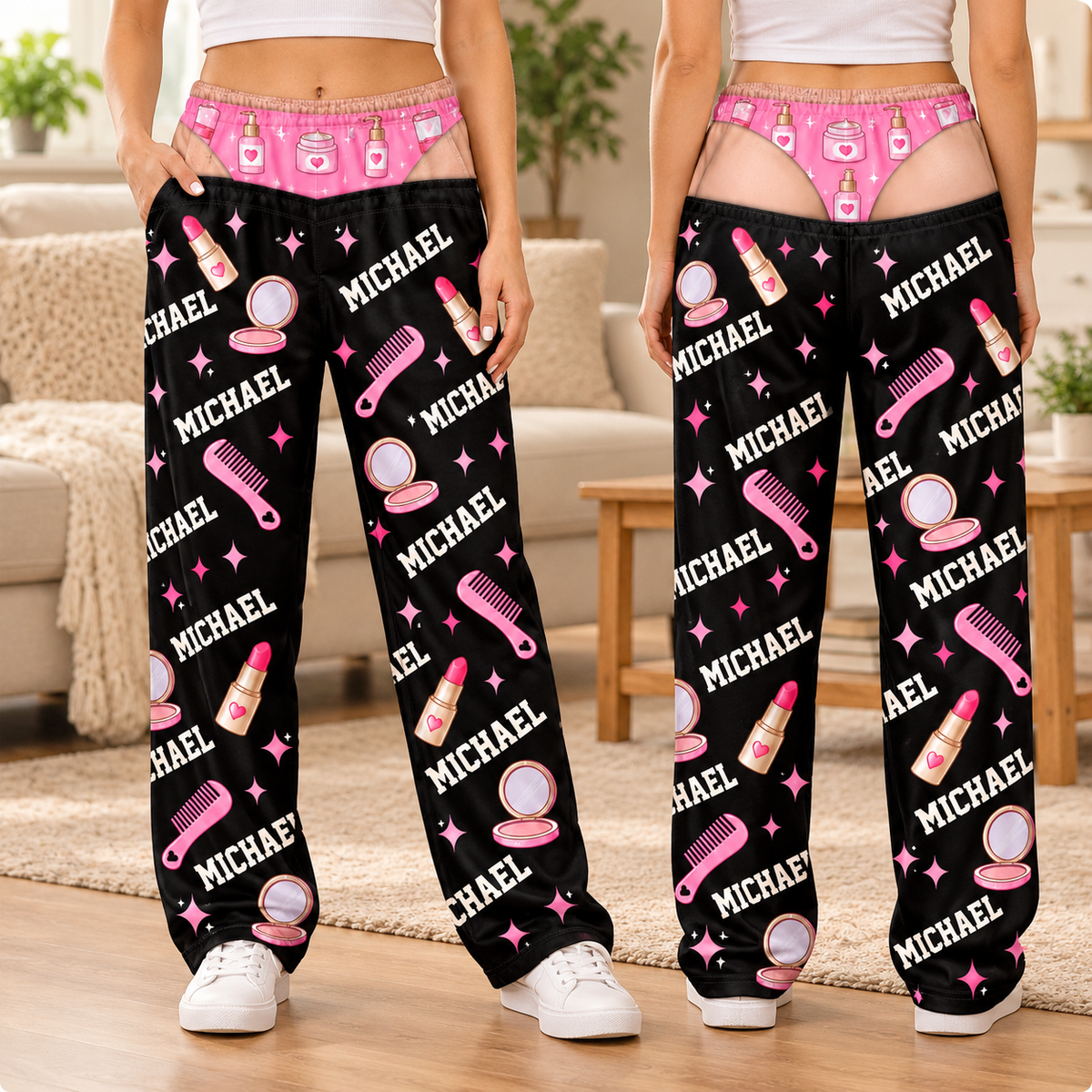 Makeup Print Pajama Pants for Women – Custom Name Lounge Pants