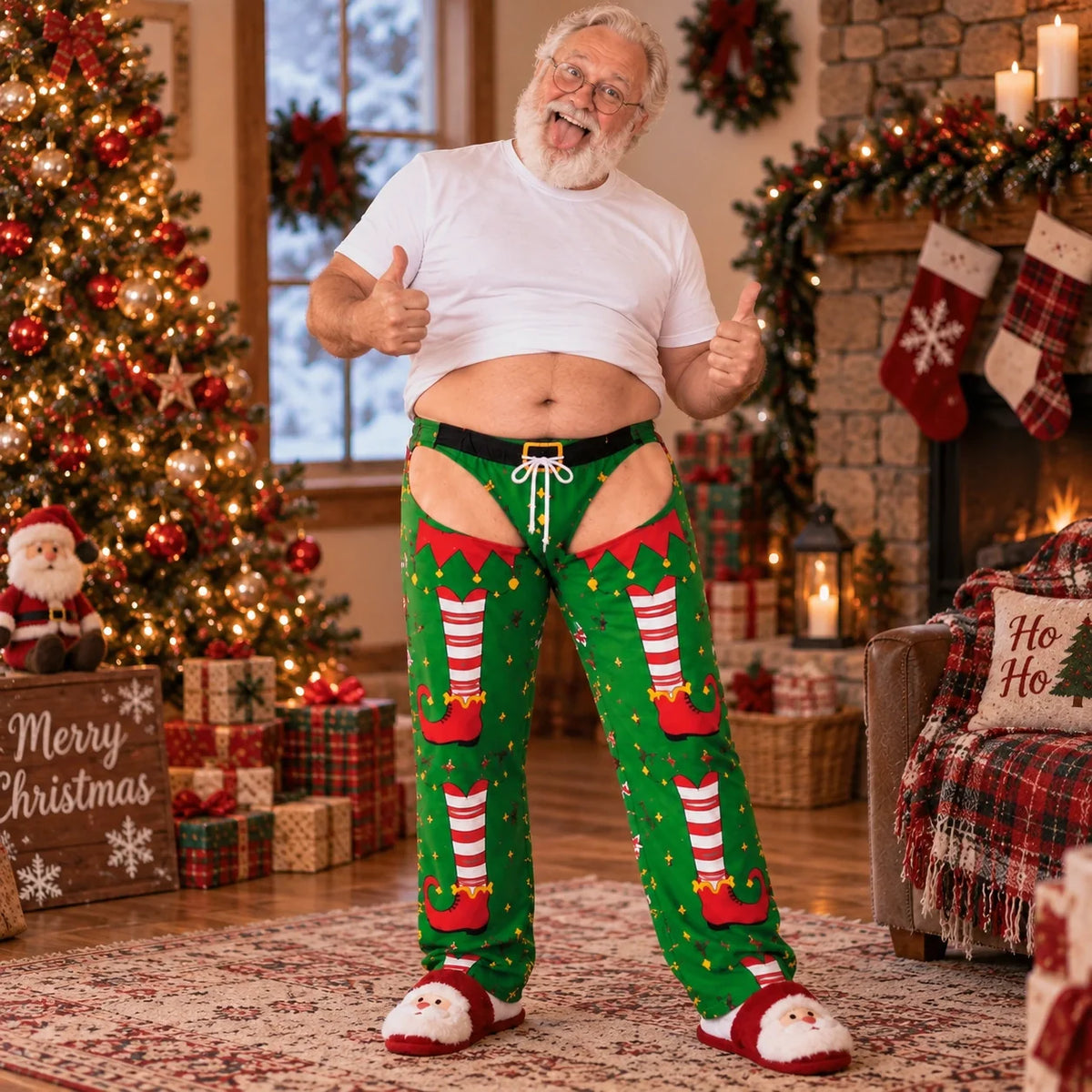 Funny Christmas Elf Pants – Men’s Thermal Wide-Leg Christmas Lounge Pants