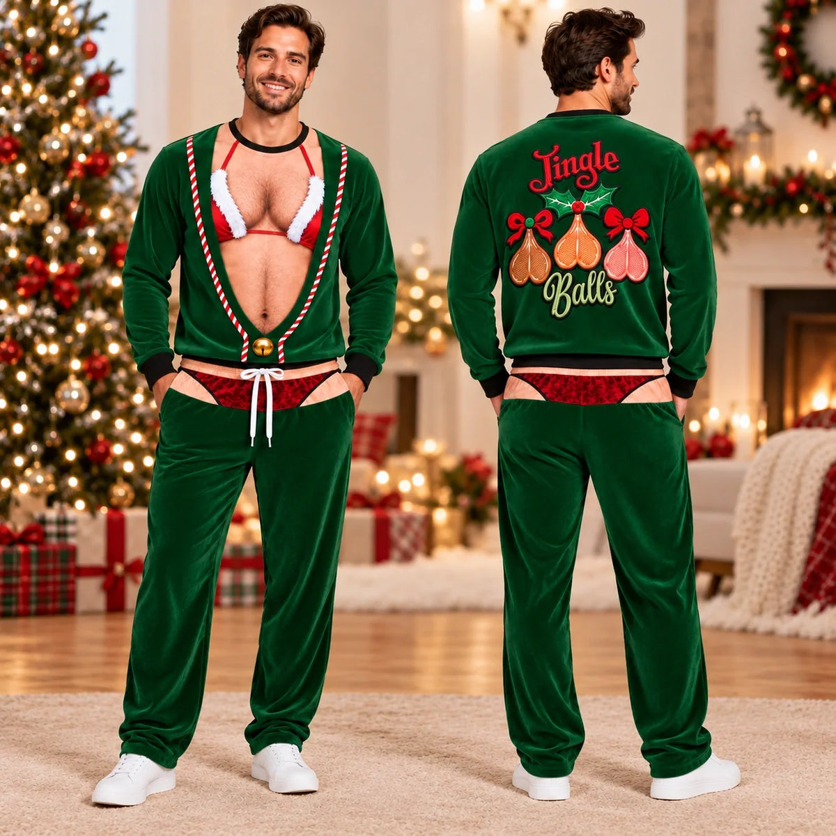 Men's Funny Christmas Pajama Set – Green Jingle Balls Print Holiday Lounge Outfit