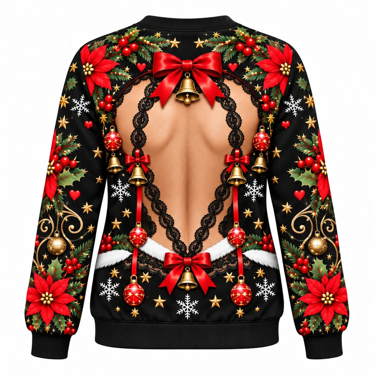 Women's Sexy Christmas Faux Skin Print 2-Piece Set – Funny Lace Illusion Sweatshirt & Leggings