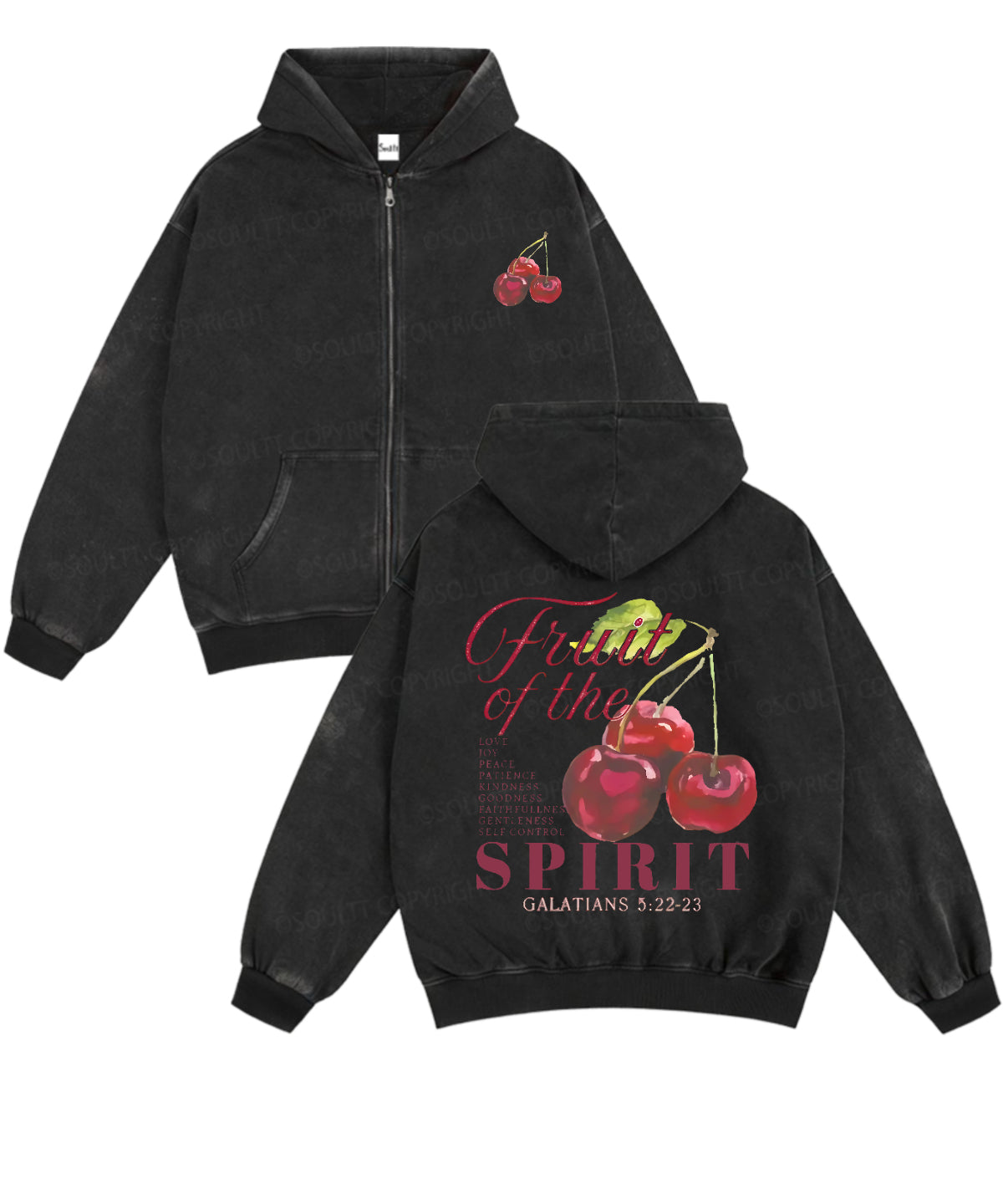 Fruit Of The Spirit Double Sided Washed Christian Zip-Up Hoodie