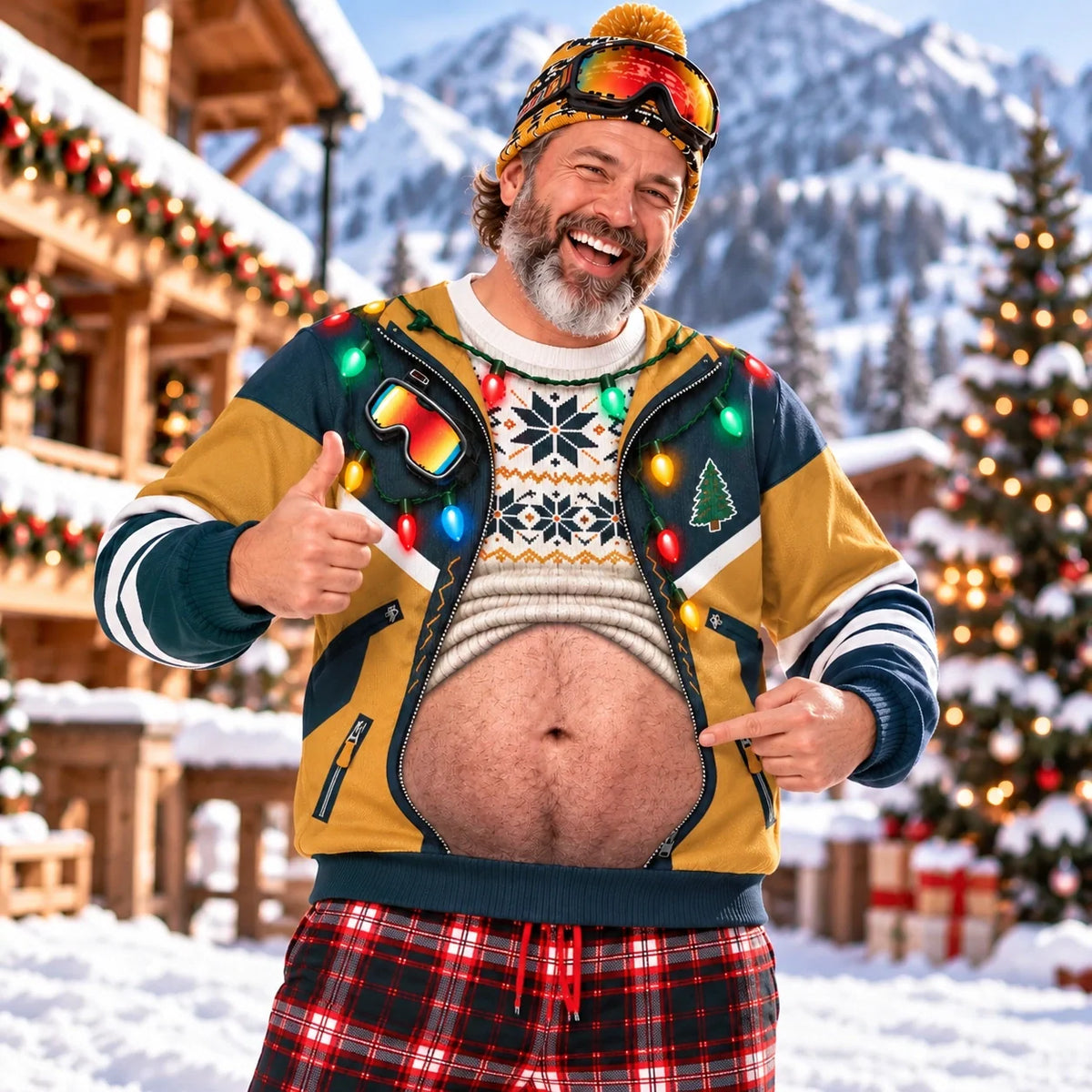 Funny Christmas Belly Sweatshirt – Holiday Lights & Jacket Print Ugly Christmas Pullover