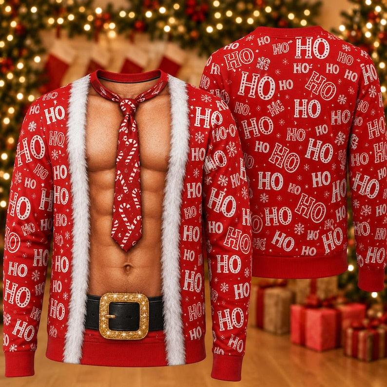 Funny Ho Ho Ho Fake Abs Santa Print Sweatshirt – Hilarious Xmas Gag Jumper