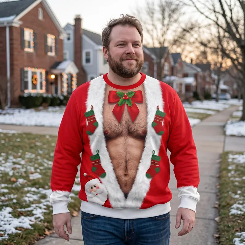 Funny Hairy Santa Christmas Sweatshirt – 3D Fake Abs Design
