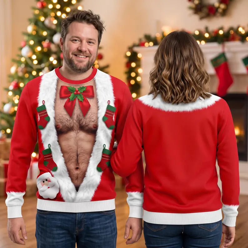 Funny Hairy Santa Christmas Sweatshirt – 3D Fake Abs Design