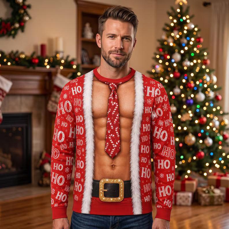 Funny Ho Ho Ho Fake Abs Santa Print Sweatshirt – Hilarious Xmas Gag Jumper