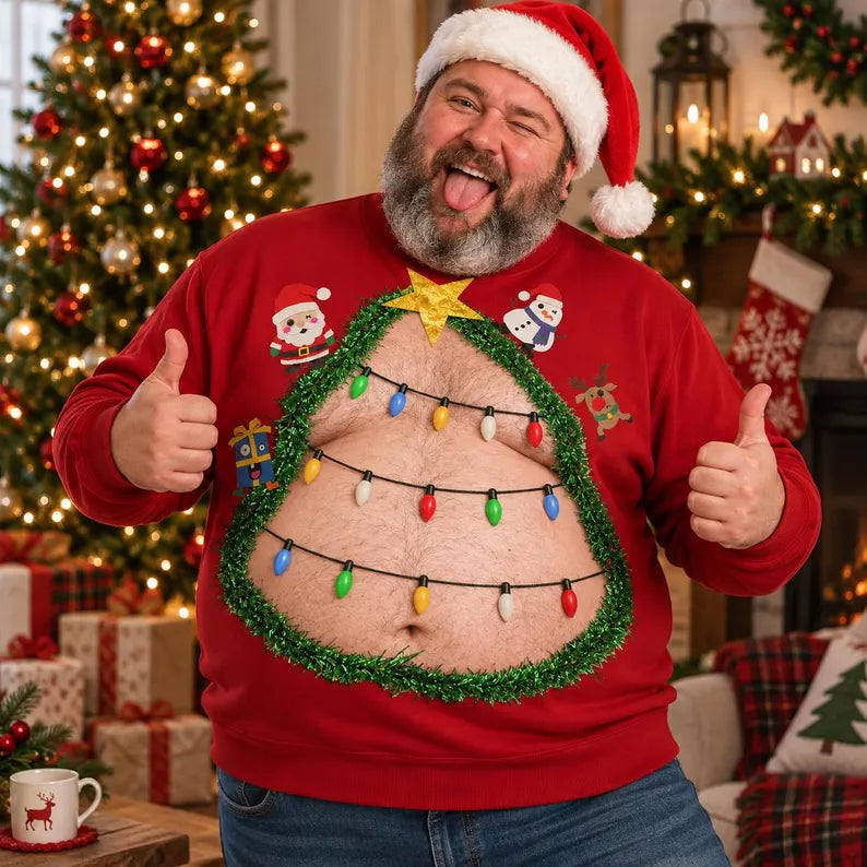 Funny Christmas Tree Belly Sweatshirt – 3D Hairy Stomach Design