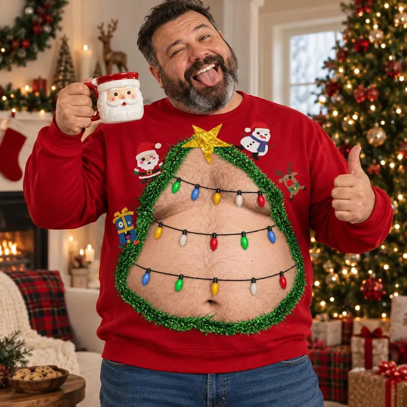 Funny Christmas Tree Belly Sweatshirt – 3D Hairy Stomach Design