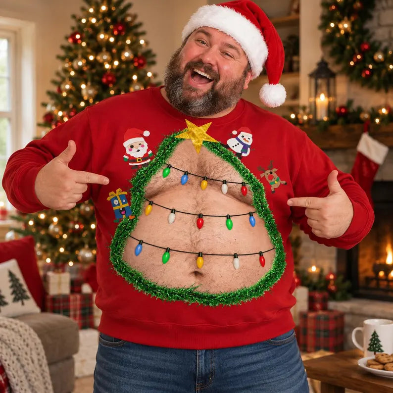 Funny Christmas Tree Belly Sweatshirt – 3D Hairy Stomach Design