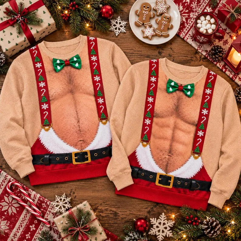 Funny Santa Abs Christmas Sweatshirt – 3D Hairy Chest Design