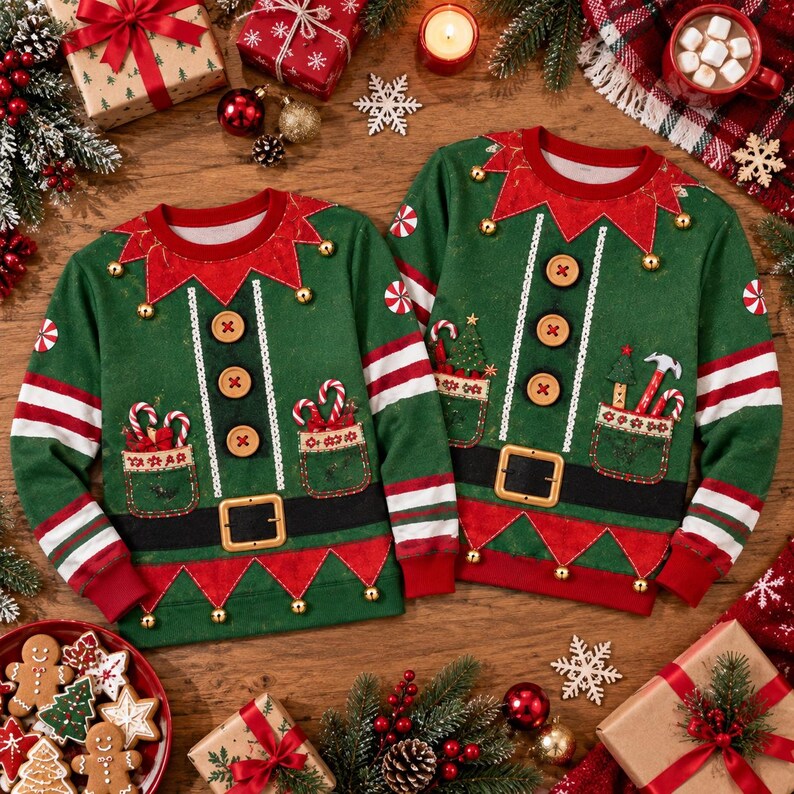 Funny Elf Body Christmas Sweatshirt – Faux Muscle Holiday Crewneck