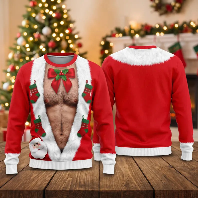 Funny Hairy Santa Christmas Sweatshirt – 3D Fake Abs Design