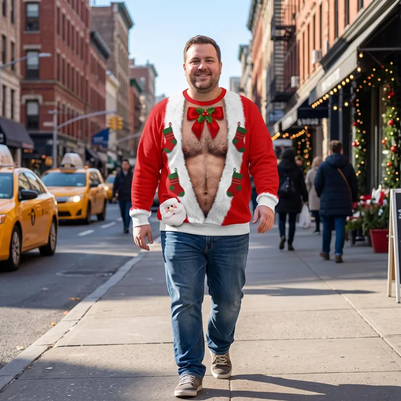 Funny Hairy Santa Christmas Sweatshirt – 3D Fake Abs Design