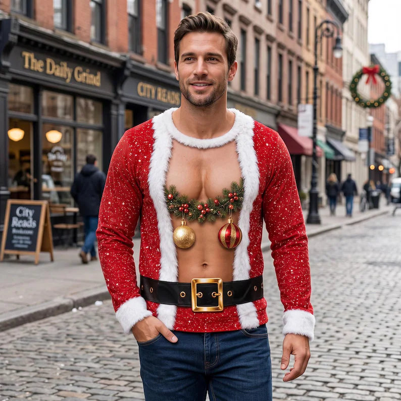 Funny Fake Chest Christmas Sweatshirt – 3D Body Illusion Design