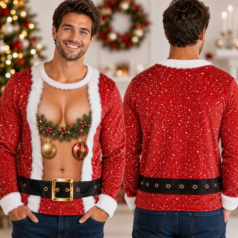 Funny Fake Chest Christmas Sweatshirt – 3D Body Illusion Design