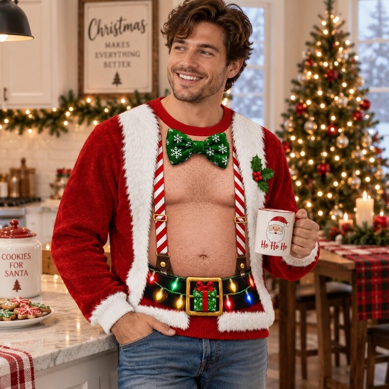 Funny Santa Fake Abs Christmas Sweatshirt – 3D Hairy Chest Design