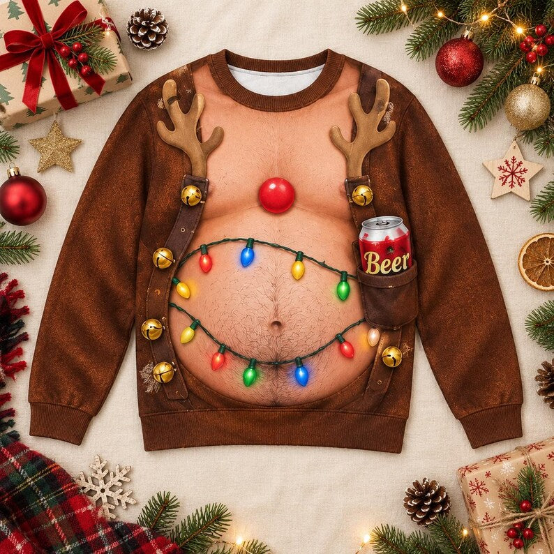 Funny Reindeer Beer Abs Christmas Sweatshirt – 3D Hairy Chest Design