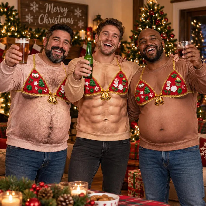Funny Christmas Bra Sweatshirt – 3D Fake Abs & Hairy Belly
