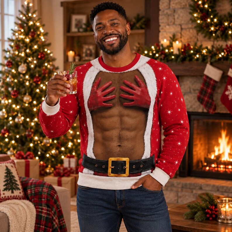 Funny Santa Hands Christmas Sweatshirt – 3D Muscle Abs Design