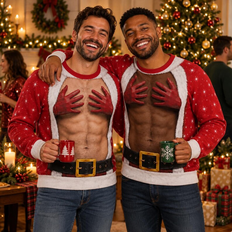 Funny Santa Hands Christmas Sweatshirt – 3D Muscle Abs Design