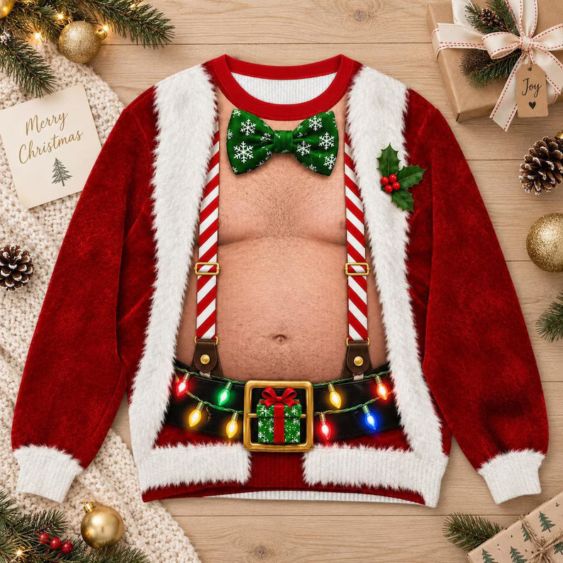 Funny Santa Fake Abs Christmas Sweatshirt – 3D Hairy Chest Design