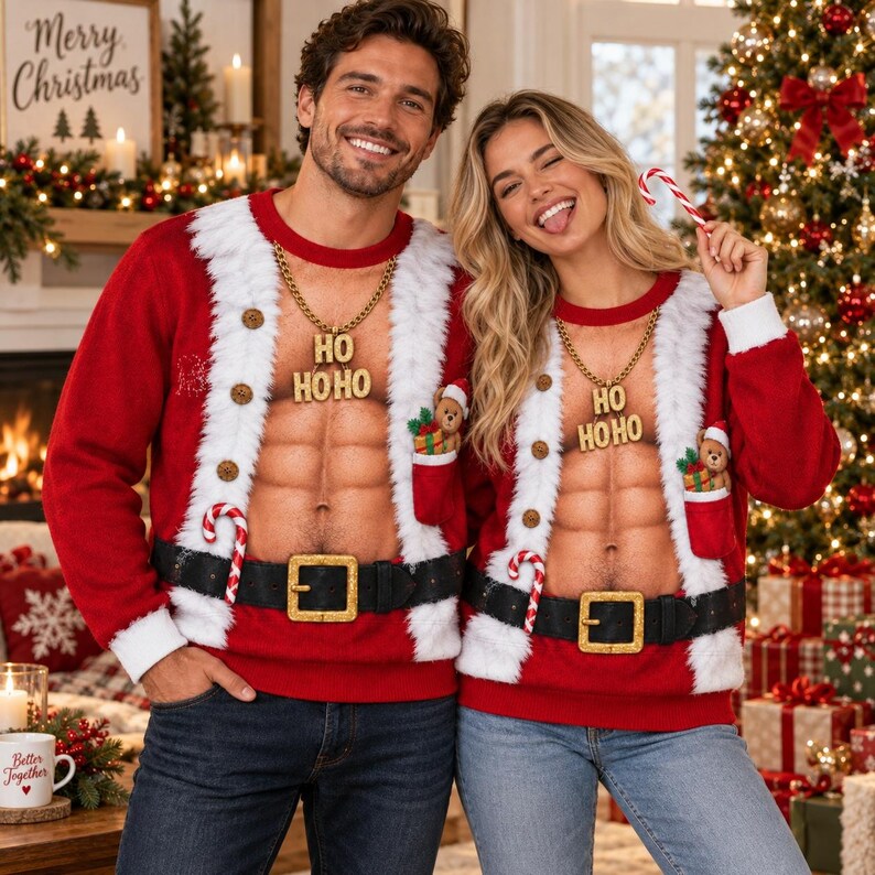 Funny Ho Ho Ho Fake Abs Santa Print Sweatshirt – Fun Christmas Gag Gift Jumper