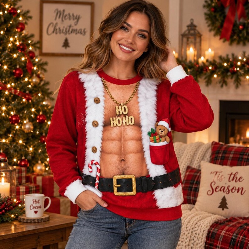 Funny Ho Ho Ho Fake Abs Santa Print Sweatshirt – Fun Christmas Gag Gift Jumper