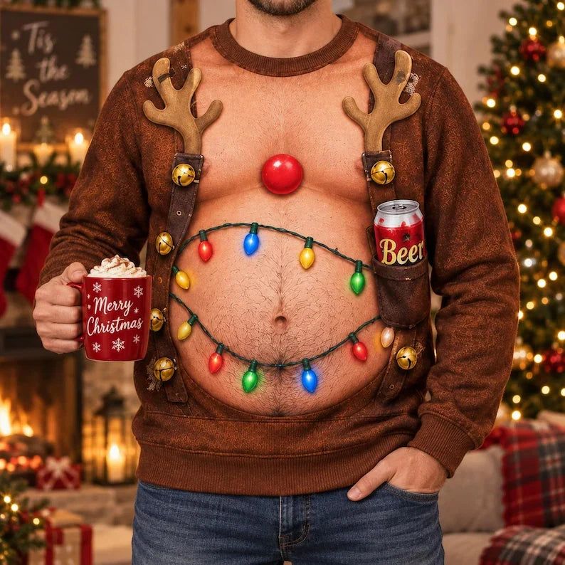 Funny Reindeer Beer Abs Christmas Sweatshirt – 3D Hairy Chest Design