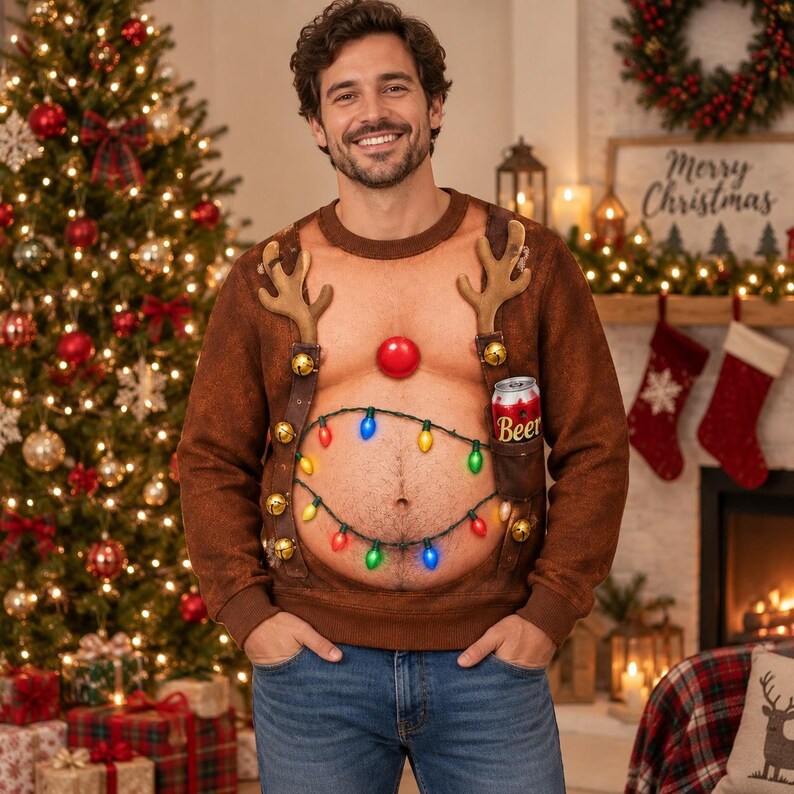 Funny Reindeer Beer Abs Christmas Sweatshirt – 3D Hairy Chest Design